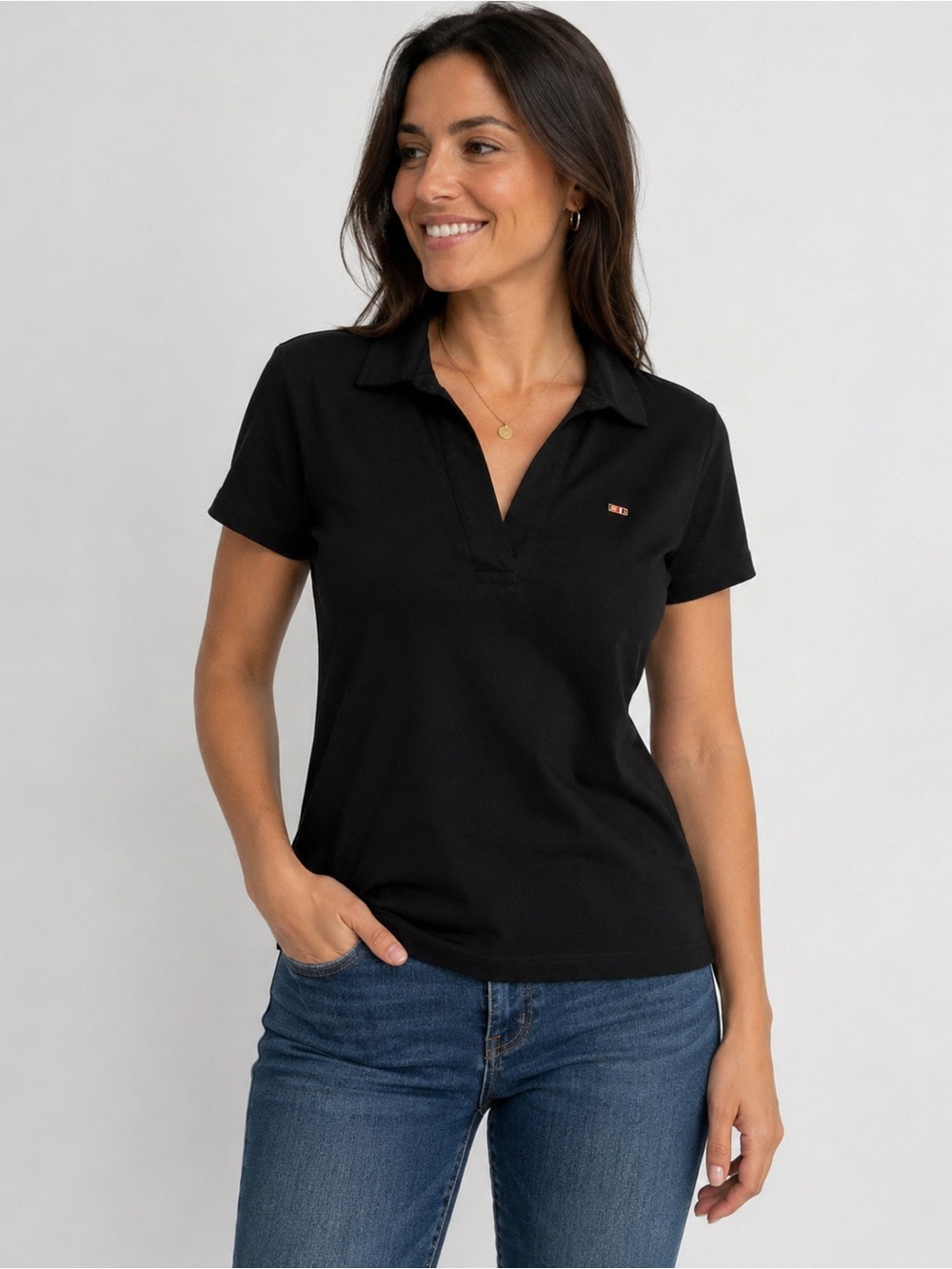 U.S. Polo Assn. Women’s Black Ruffle V-Neck Polo Shirt Size L Cotton Stretch